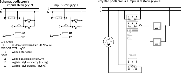 Schemat połączeń przekaźnik bistabilny BIS-411 Schemat przyłączeniowy przekaźnika bistabilnego BIS-411
