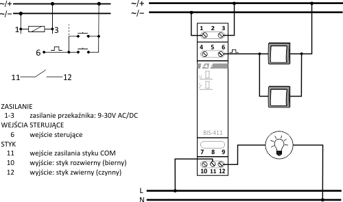 Schemat przyłączeniowy przekaźnika bistabilnego BIS-411i 24V